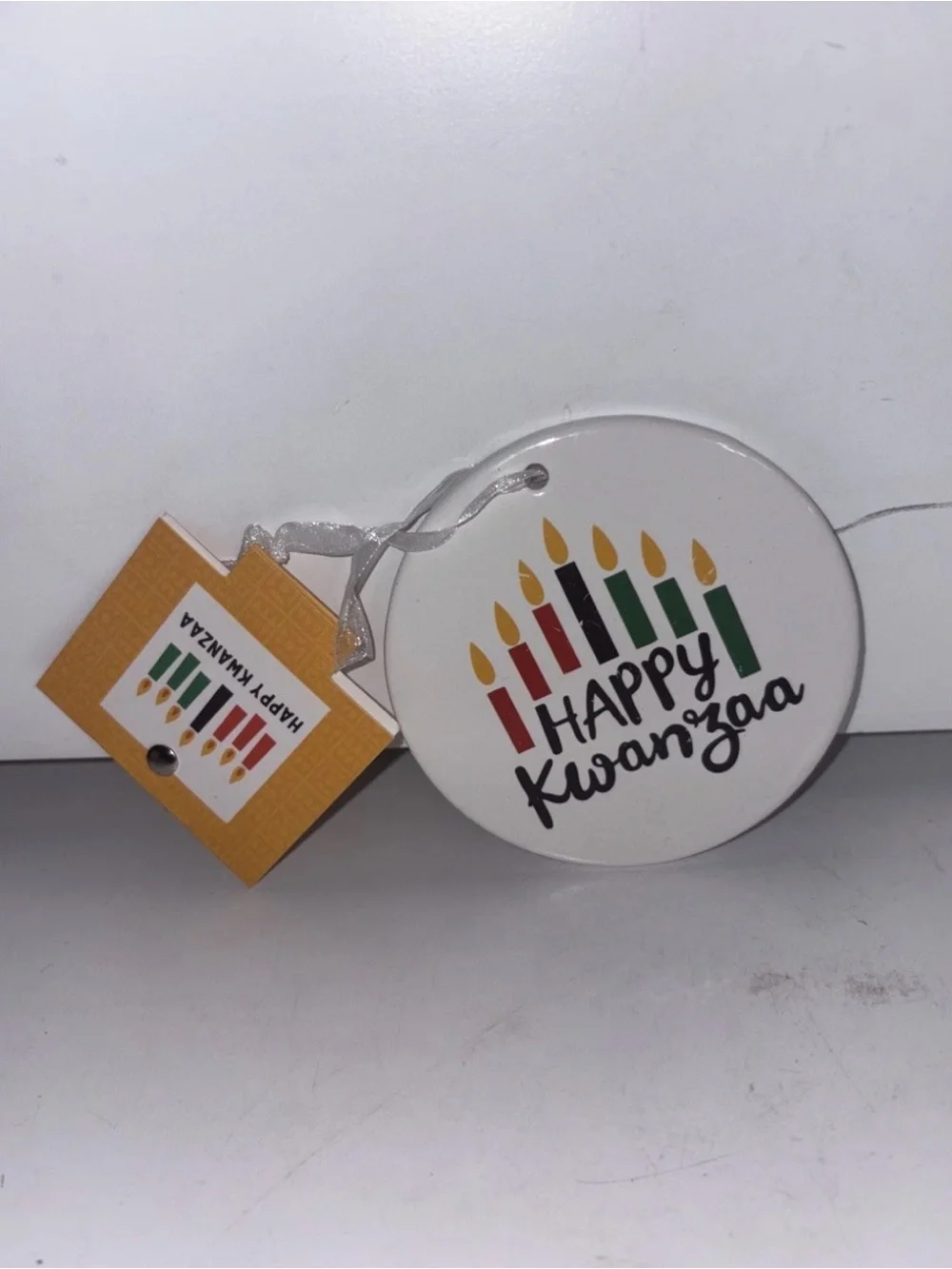 Happy Kwanzaa Ceramic Ornament - White with Red, Green & Black Candles